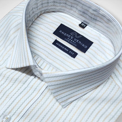 CAMISA ANDRE'E VERINO PREMIUM - LABRADO A RAYAS BEIGE FONDO BLANCO