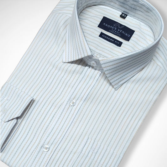 CAMISA ANDRE'E VERINO PREMIUM - LABRADO A RAYAS BEIGE FONDO BLANCO