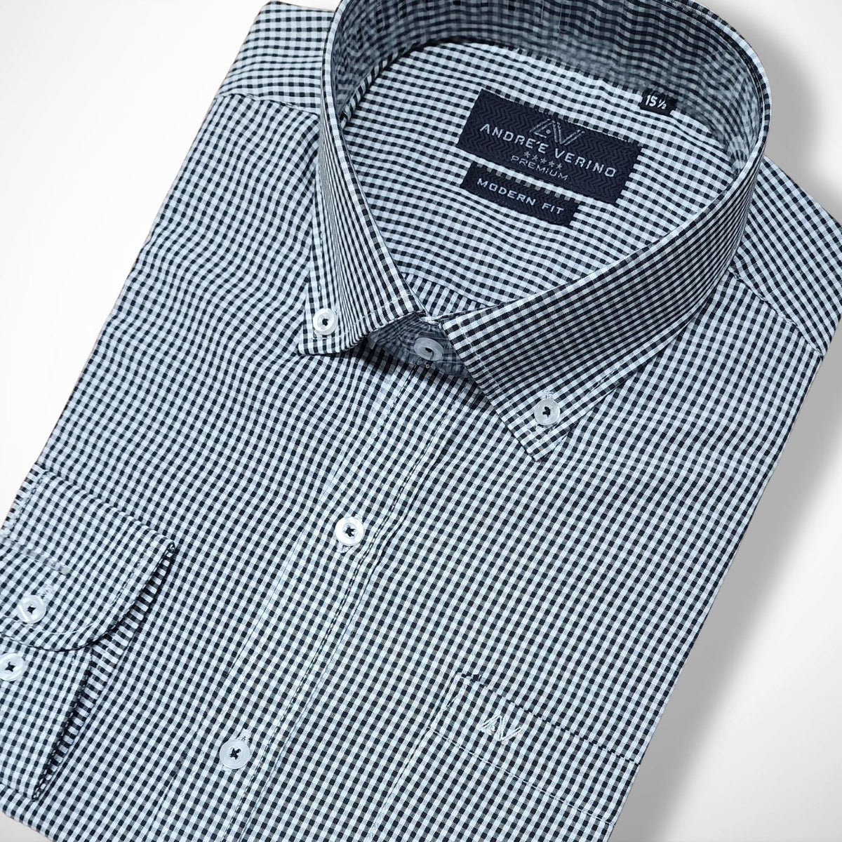 CAMISA ANDRE'E VERINO PREMIUM - BOTON EN EL CUELLO CASUAL CUADROS NEGROS Y BLANCOS