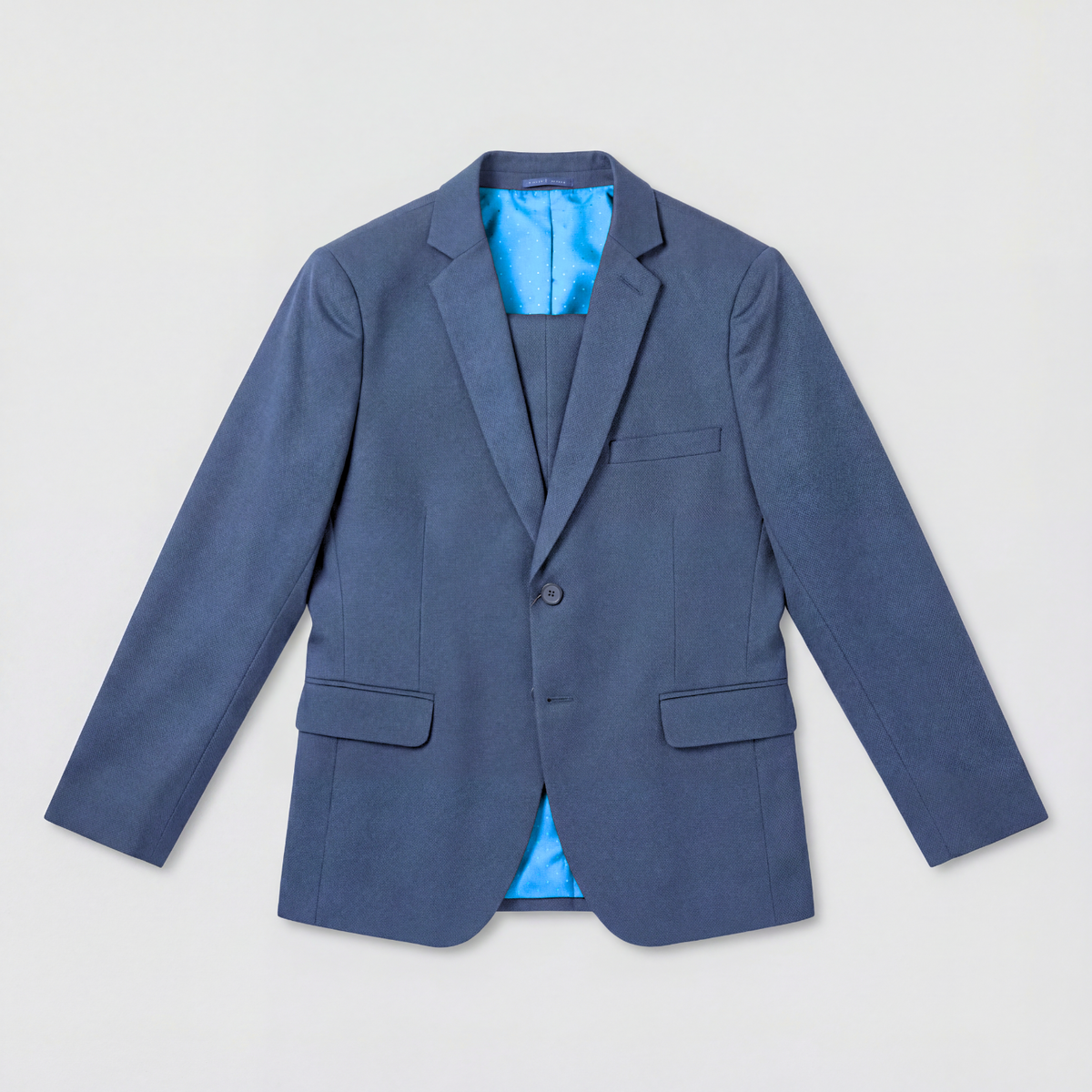 Traje ModernFit lanilla stretch color azul acero texturizado.