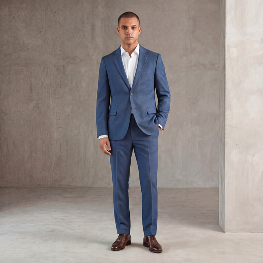Traje ModernFit lanilla stretch color azul acero texturizado.