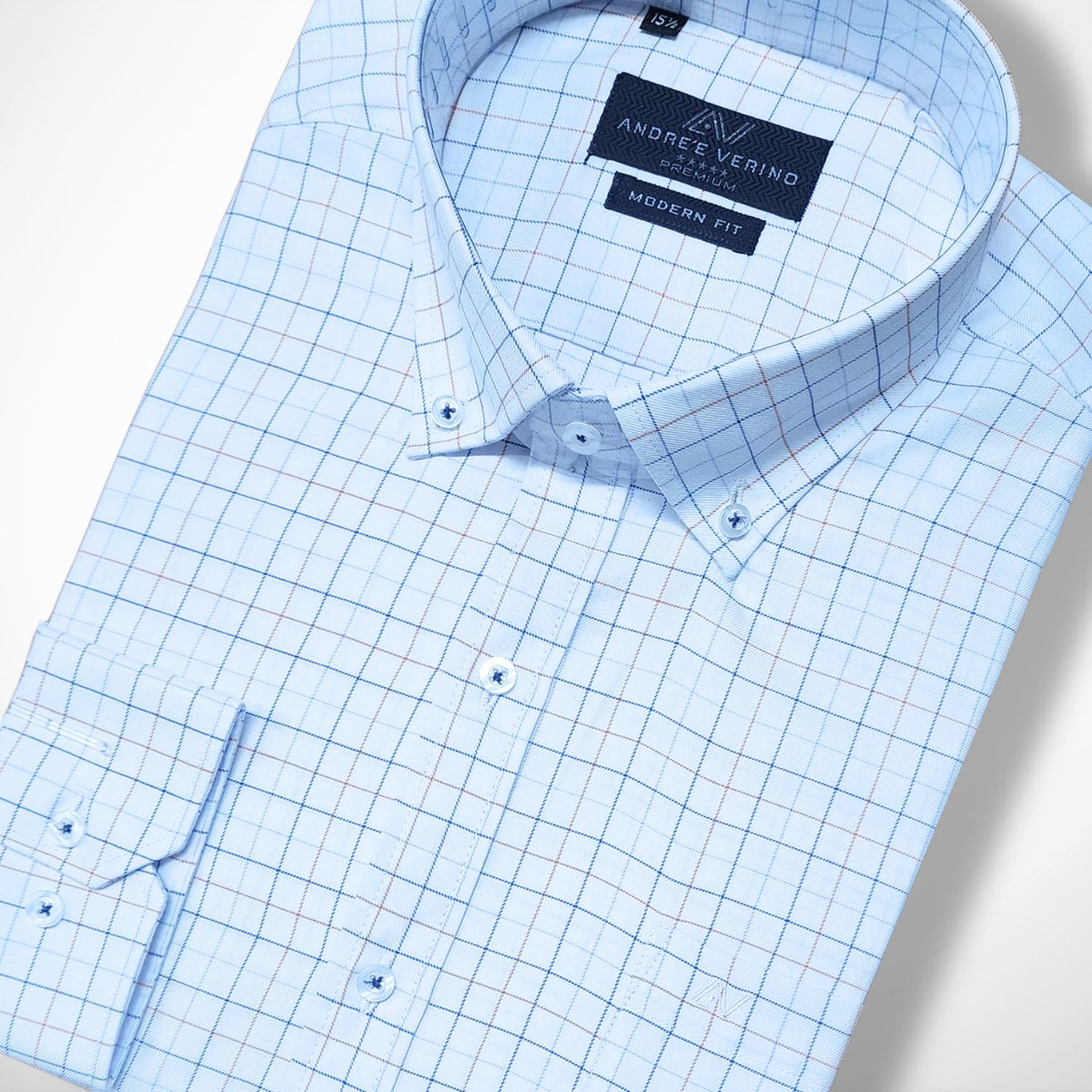 CAMISA ANDRE'E VERINO PREMIUM - BOTON EN EL CUELLO CASUAL BLANCO CUADROS AZULES Y NARANJAS