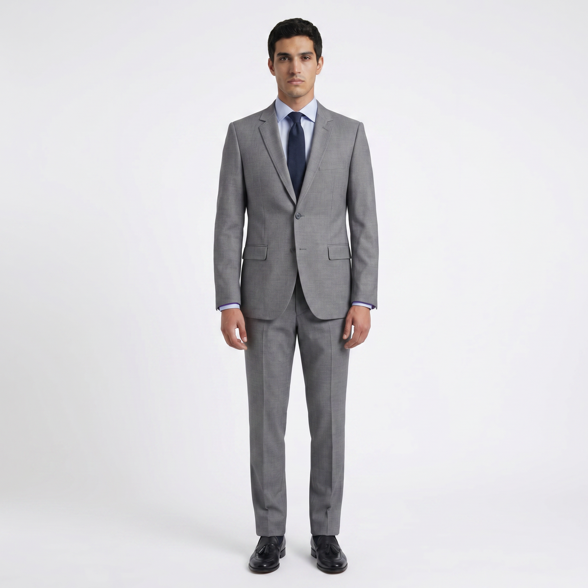 Traje ModernFit lanilla stretch color gris texturizado.