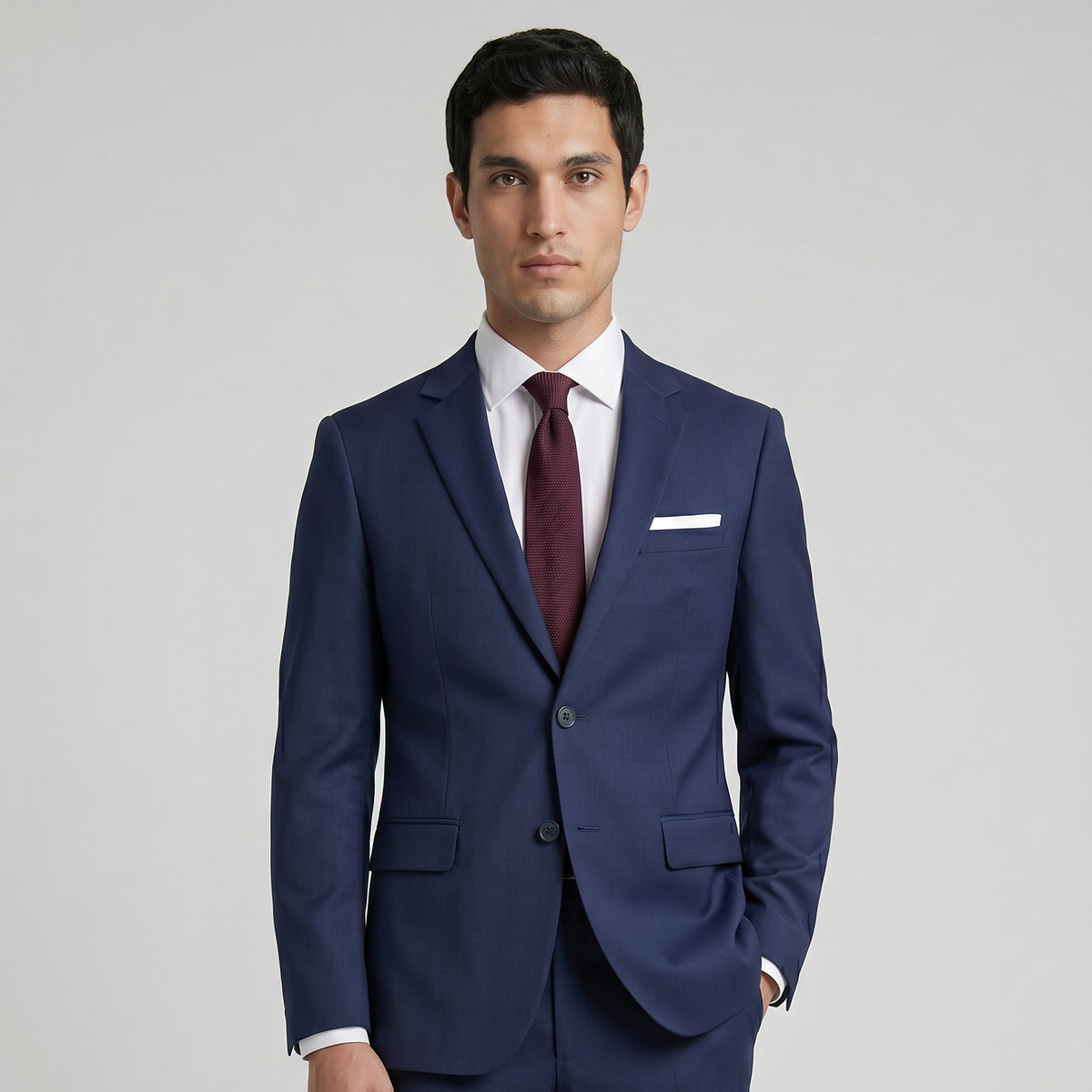 Traje ModernFit lanilla stretch color azul noche texturizado.