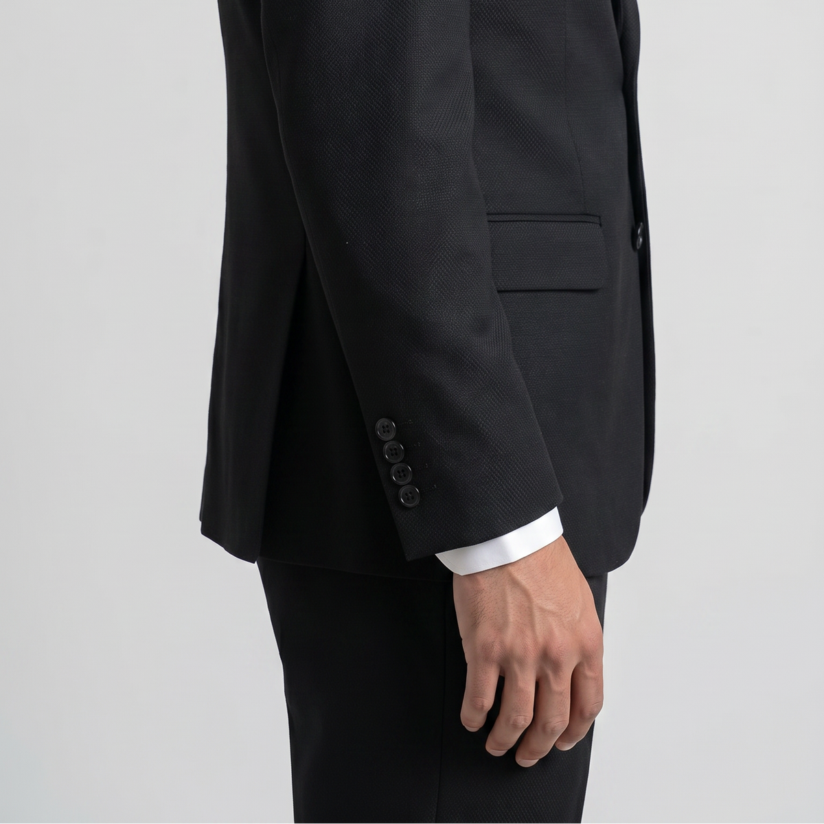 Traje ModernFit lanilla stretch color negro texturizado.
