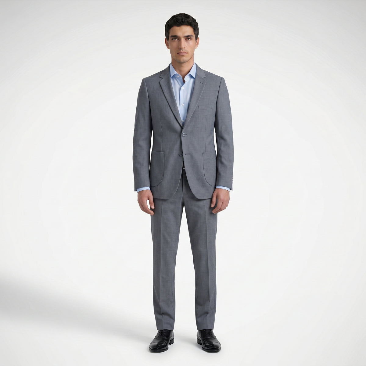 Traje casual  ModernFit lanilla stretch color gris oscuro bolsillo parche  texturizado.