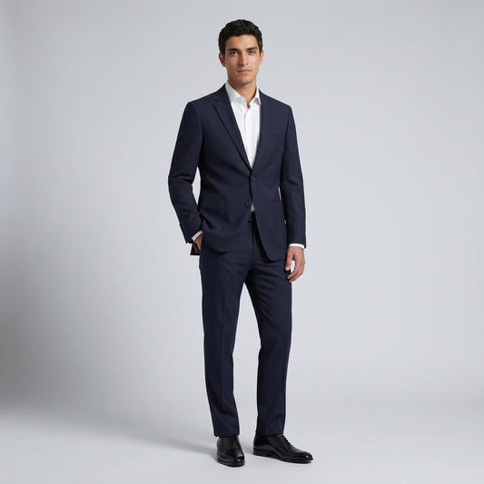 Traje casual  ModernFit lanilla stretch color negro bolsillo parche texturizado.